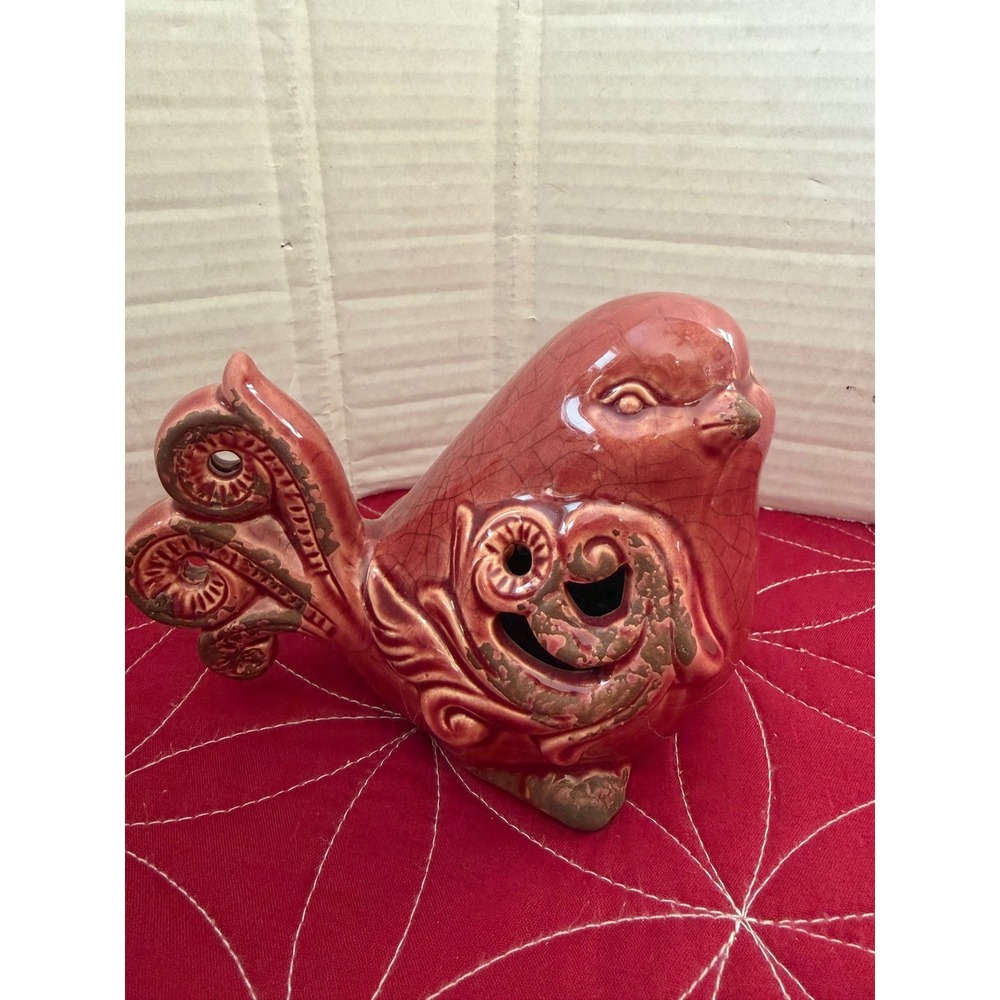 VTG Red Ceramic Bird Figurine Fragrance Potpourri Sachet Holder Home Decor